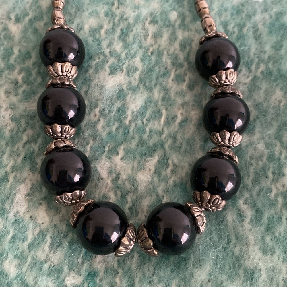 Vintage Gorgeous Necklace Midnight Black Round Beads and Antiqued Metal Beads